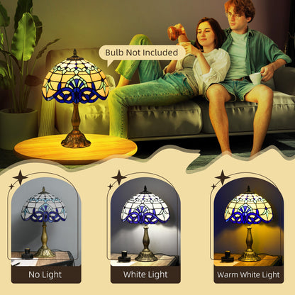 HOMCOM Stained Glass Table Lamp, Handmade Antique Bedside Lamp for Bedroom, Living room, Home, Nightstand, Decorative Night Light, Blue 