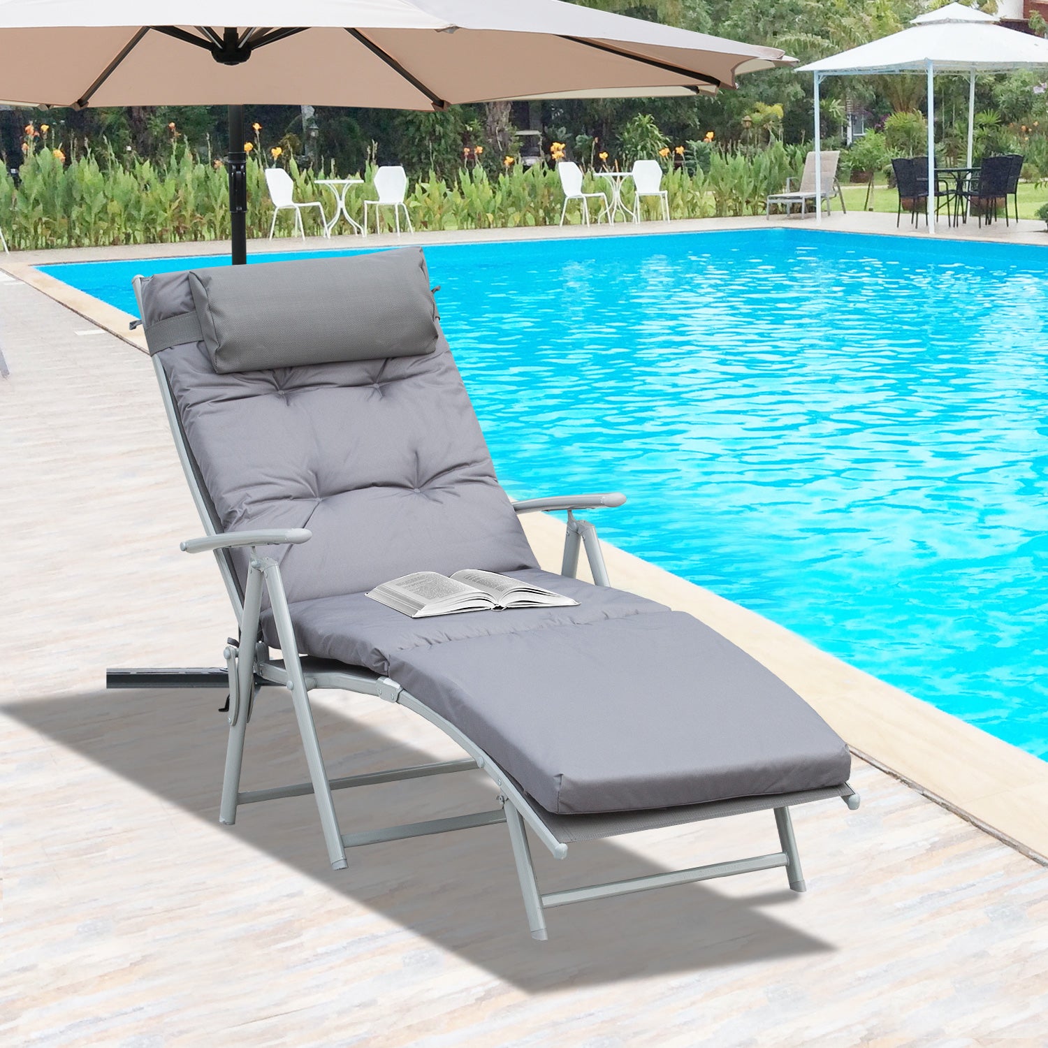 Outsunny Steel Frame Outdoor Garden Padded Sun Lounger w/ Pillow Grey 