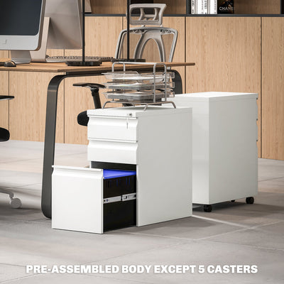 Vinsetto 3-Drawer Steel Filing Cabinet with Lock and Wheels - White 