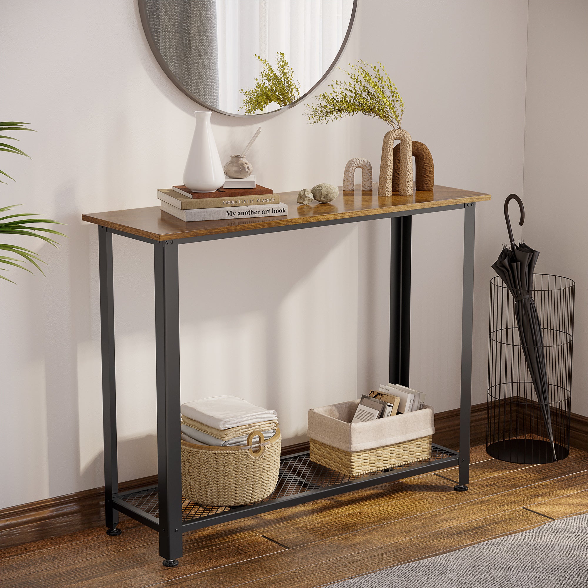 HOMCOM Industrial Console Table，Entryway Table w/Bottom Mesh Shelf Metal Frame Vintage Sofa Table for Hallway, Living Room, Rustic Brown 