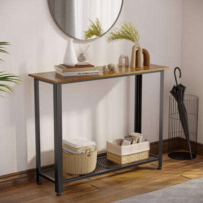 HOMCOM Industrial Console Table，Entryway Table w/Bottom Mesh Shelf Metal Frame Vintage Sofa Table for Hallway, Living Room, Rustic Brown 