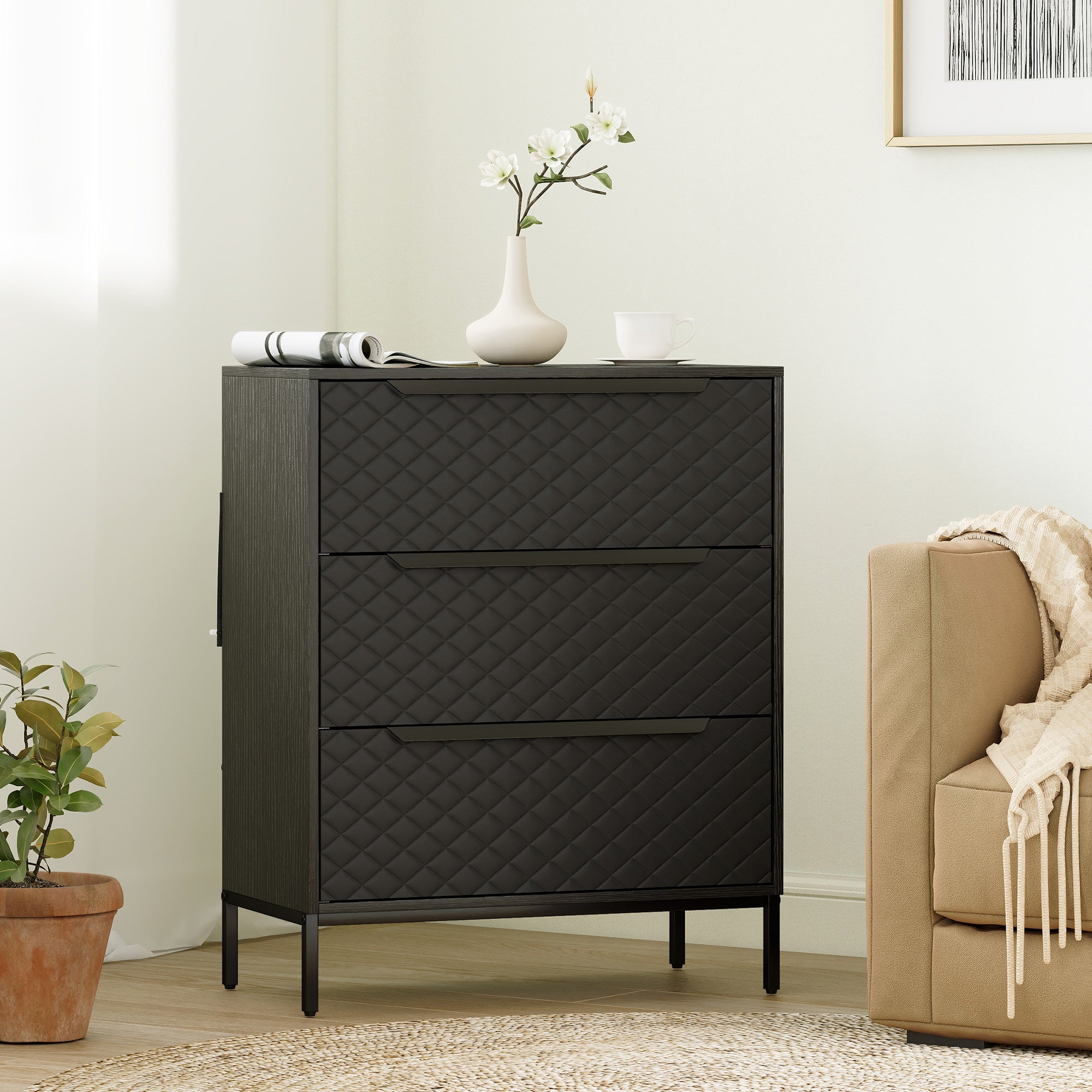 HOMCOM Chest of Drawers, Dresser with 3 Fabric Drawers and Aluminium Handles - Black 