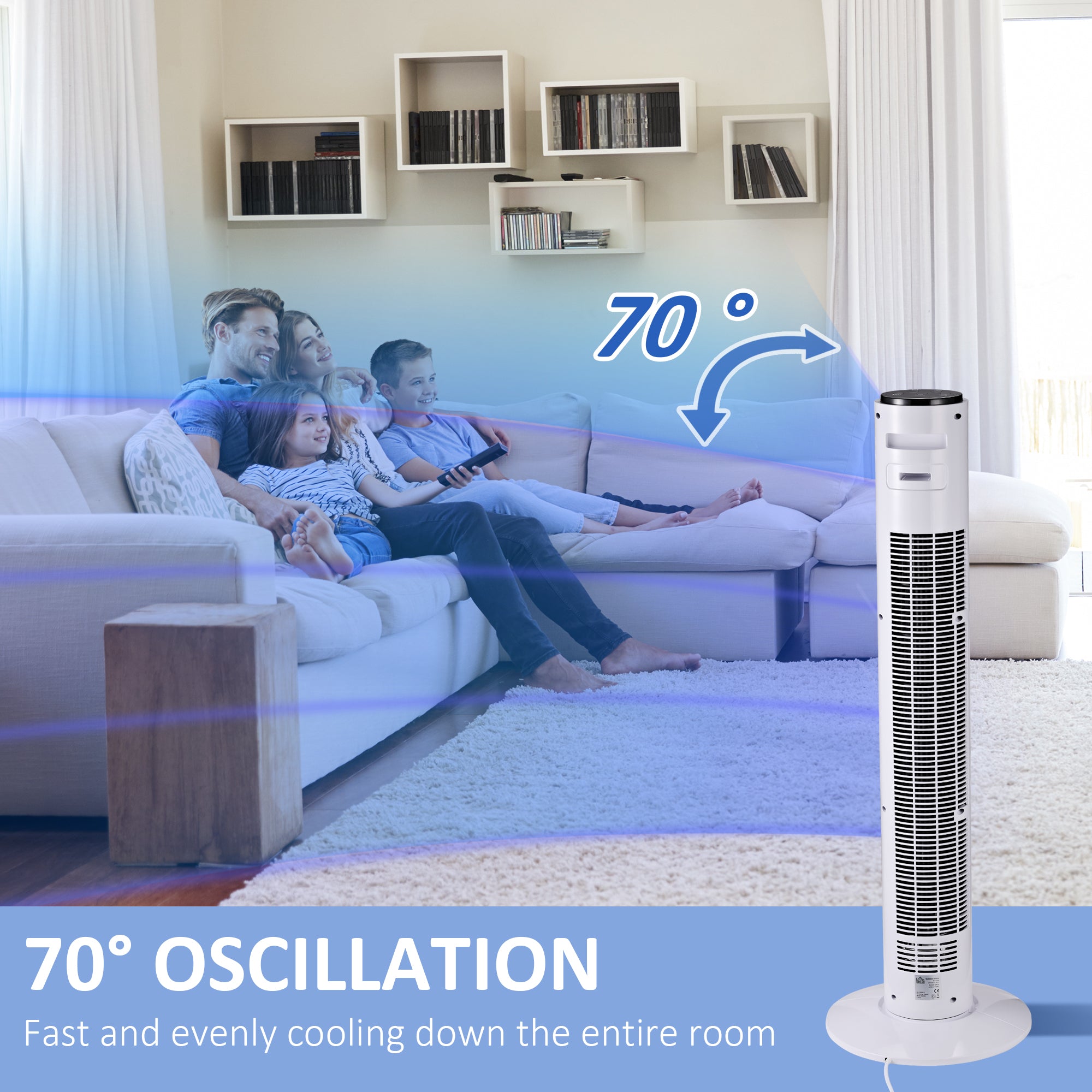 HOMCOM 38'' Freestanding Tower Fan, 3 Speed 3 Mode, 12h Timer, 70 Degree Oscillation, LED Panel, 5M Remote Controller, White 