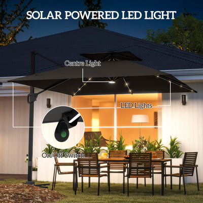 Outsunny 3.5x3 m Garden Cantilever Parasol with Solar LED Lights and Centre Light, Aluminium Large Square Patio Umbrella, UPF50+ Hanging Sun Shade with Cross Base, Crank Handle and Tilt, Grey 