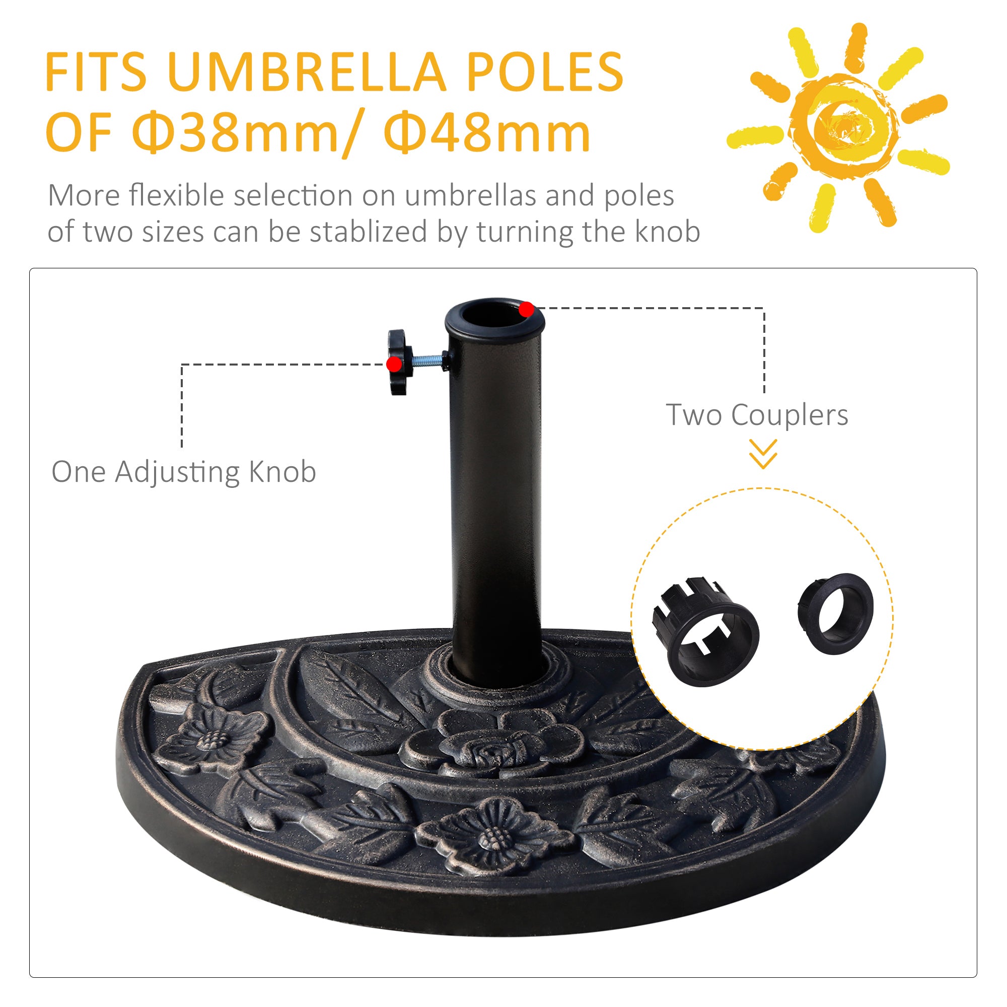 Outsunny 9kg Resin Parasol Base, Half Round Umbrella Stand with Floral Design for Garden, Outdoor, Suitable Umbrella Rod: Φ3.8cm, Φ4.8cm, Bronze Tone 