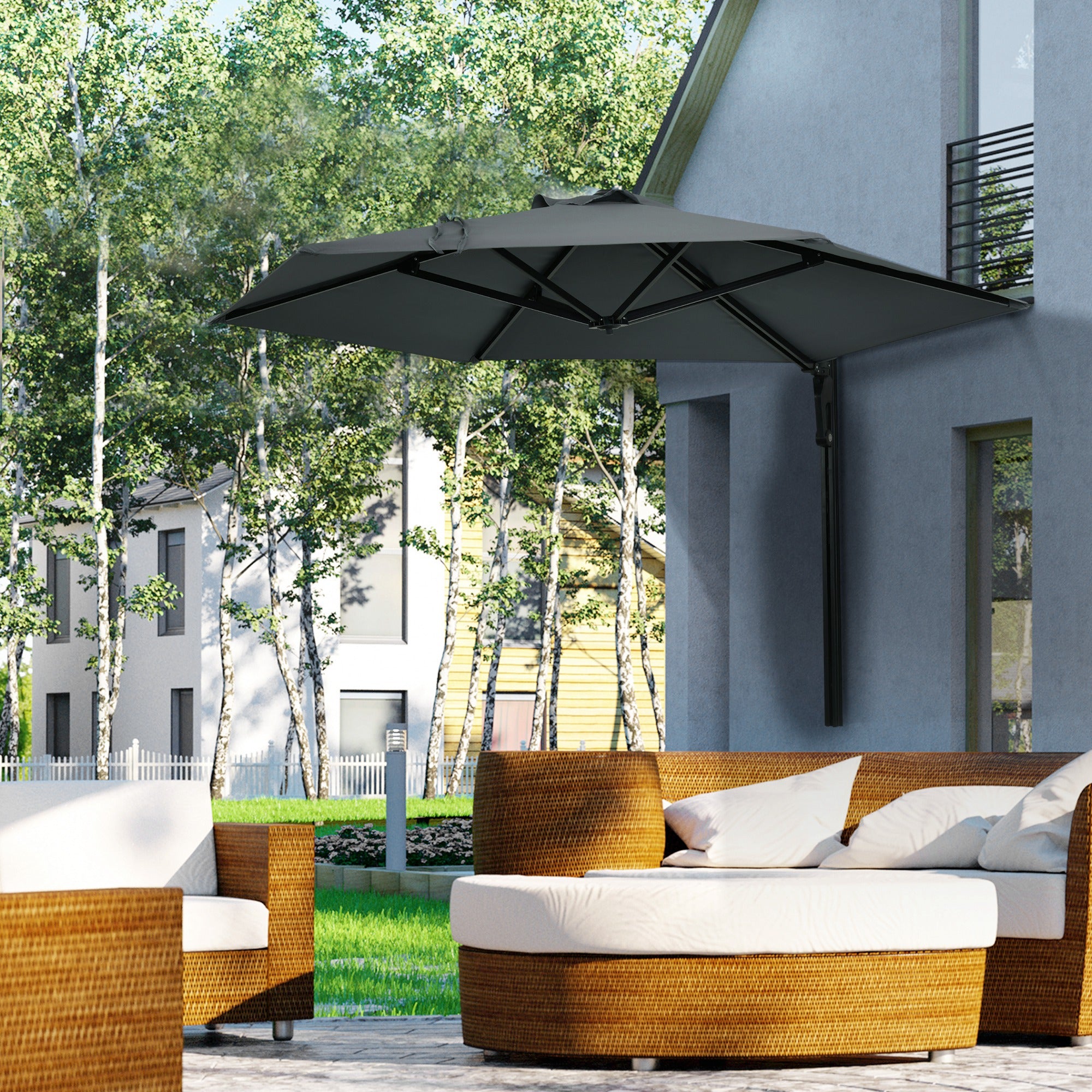 Outsunny 2.5m Wall Mounted Parasol, Hand to Push Outdoor Patio Umbrella with 180 Degree Rotatable Canopy for Porch, Deck, Garden, 250 cm, Dark Grey 