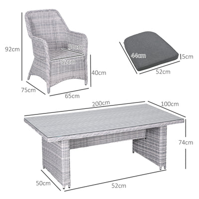Outsunny 6 Seater Rattan Dining Set, Round PE Rattan Garden Furniture Set with Seat and Back Cushions, Aluminium Outdoor Dining Table and Chairs with 6 Armchairs, Rectangular Glass Top Table, Grey 