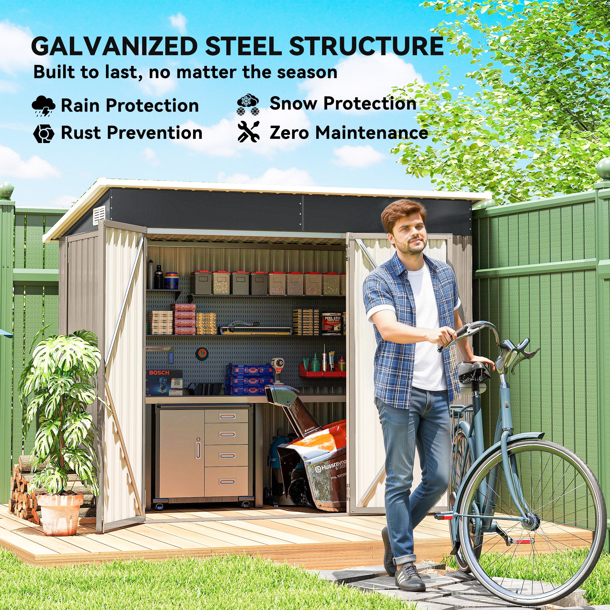 Outsunny 7.5 x 4.3ft Metal Garden Storage Shed, Waterproof Outdoor Shed with Triple Lockable Door, Gloves, Vents, Light Grey 