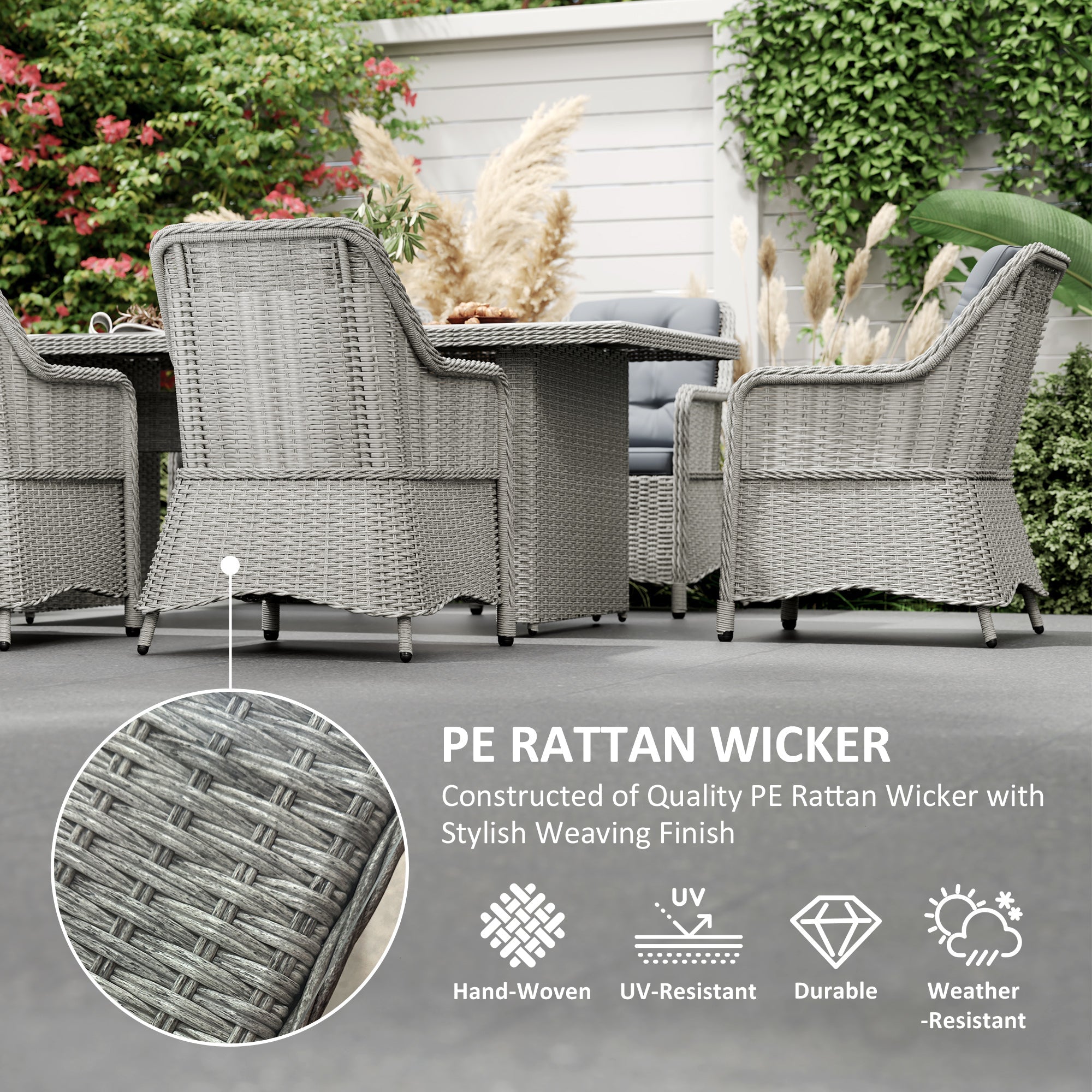 Outsunny 6 Seater Rattan Dining Set, Round PE Rattan Garden Furniture Set with Seat and Back Cushions, Aluminium Outdoor Dining Table and Chairs with 6 Armchairs, Rectangular Glass Top Table, Grey 