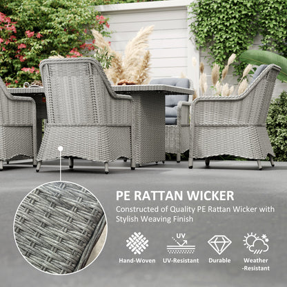Outsunny 6 Seater Rattan Dining Set, Round PE Rattan Garden Furniture Set with Seat and Back Cushions, Aluminium Outdoor Dining Table and Chairs with 6 Armchairs, Rectangular Glass Top Table, Grey 