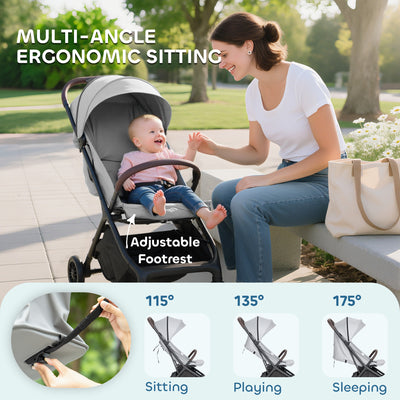 AIYAPLAY Foldable Baby Stroller with Adjustable Seat, 5-Point Harness, Canopy, Basket, 6.3kg Lightweight & Compact, Light Grey 