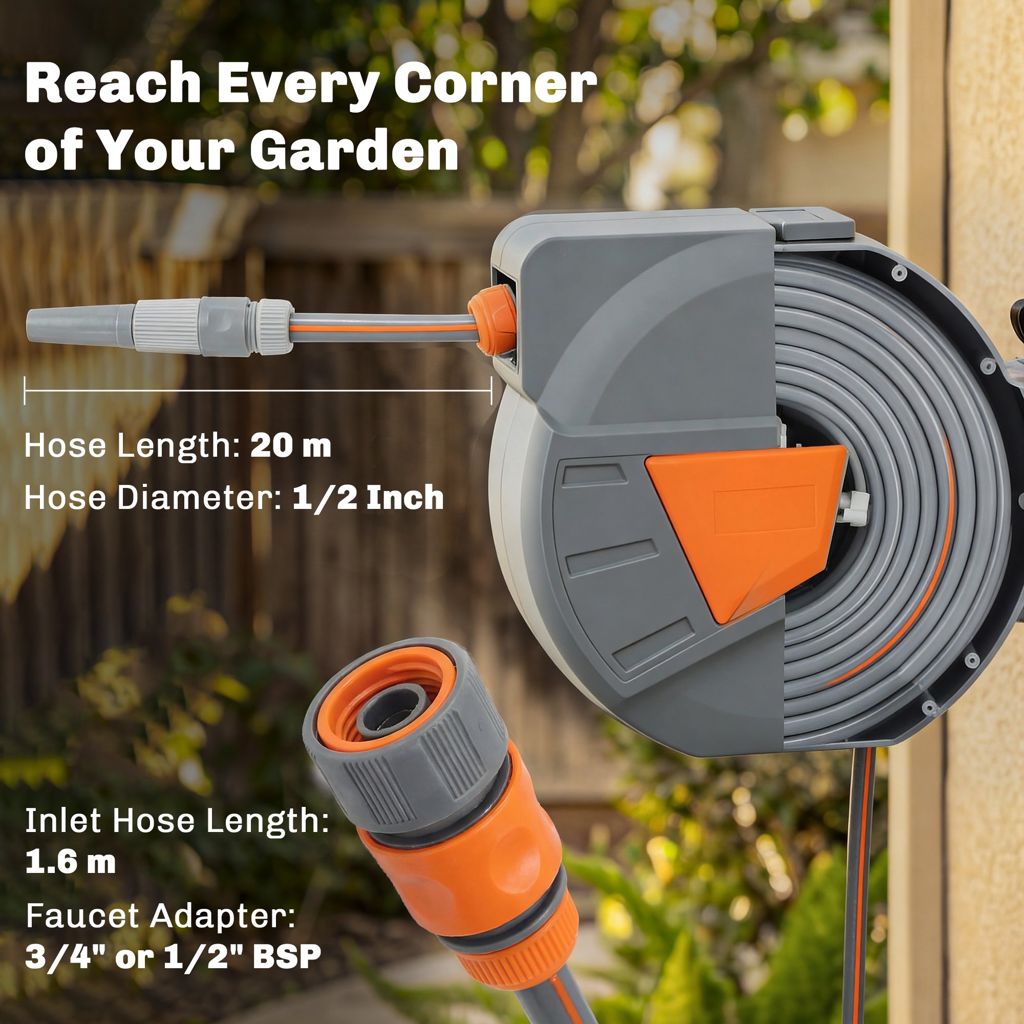 Outsunny Retractable Hose Reel Wall Mounted, 20+1.6m Garden Hose Pipe Reel with Auto Retraction, Self-Locking, Orange 