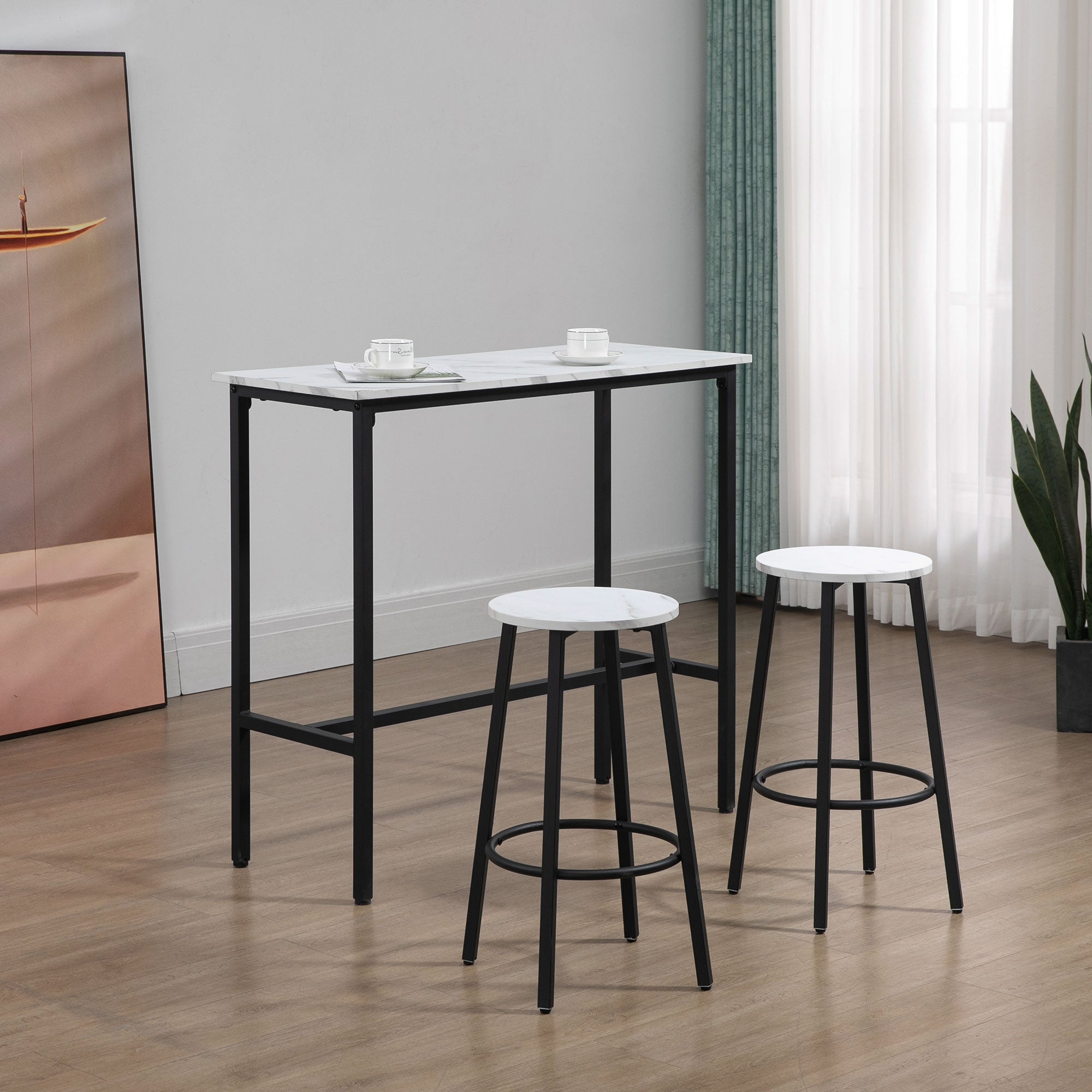HOMCOM Three-Piece Marble-Effect Bar Table Set - White/Black 