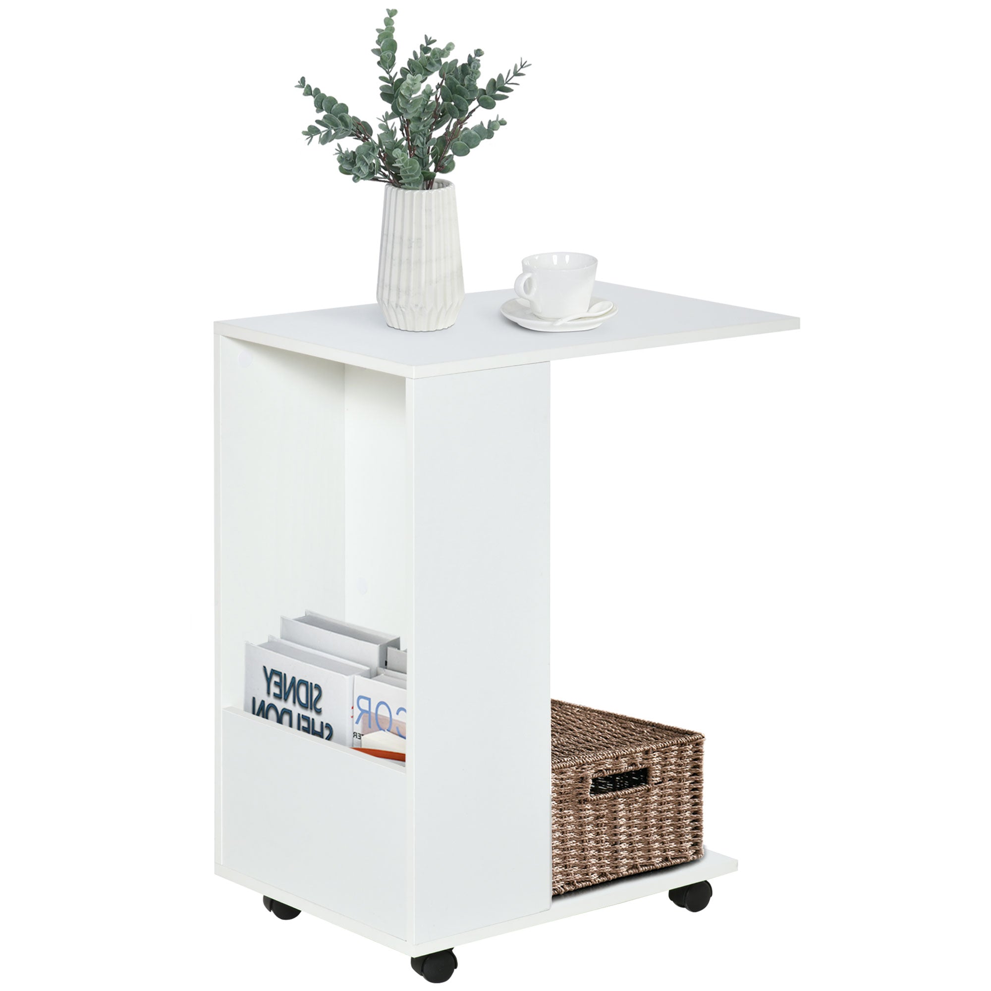 HOMCOM Mobile Sofa Side Table C-Shape End Table with Storage and Casters for Laptop Coffee Snack, White 