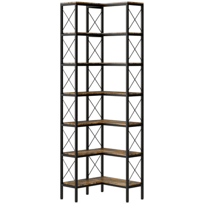 HOMCOM 6-Tier L-Shaped Bookshelf, Freestanding Corner Bookcase with Metal Frame, Rustic Brown