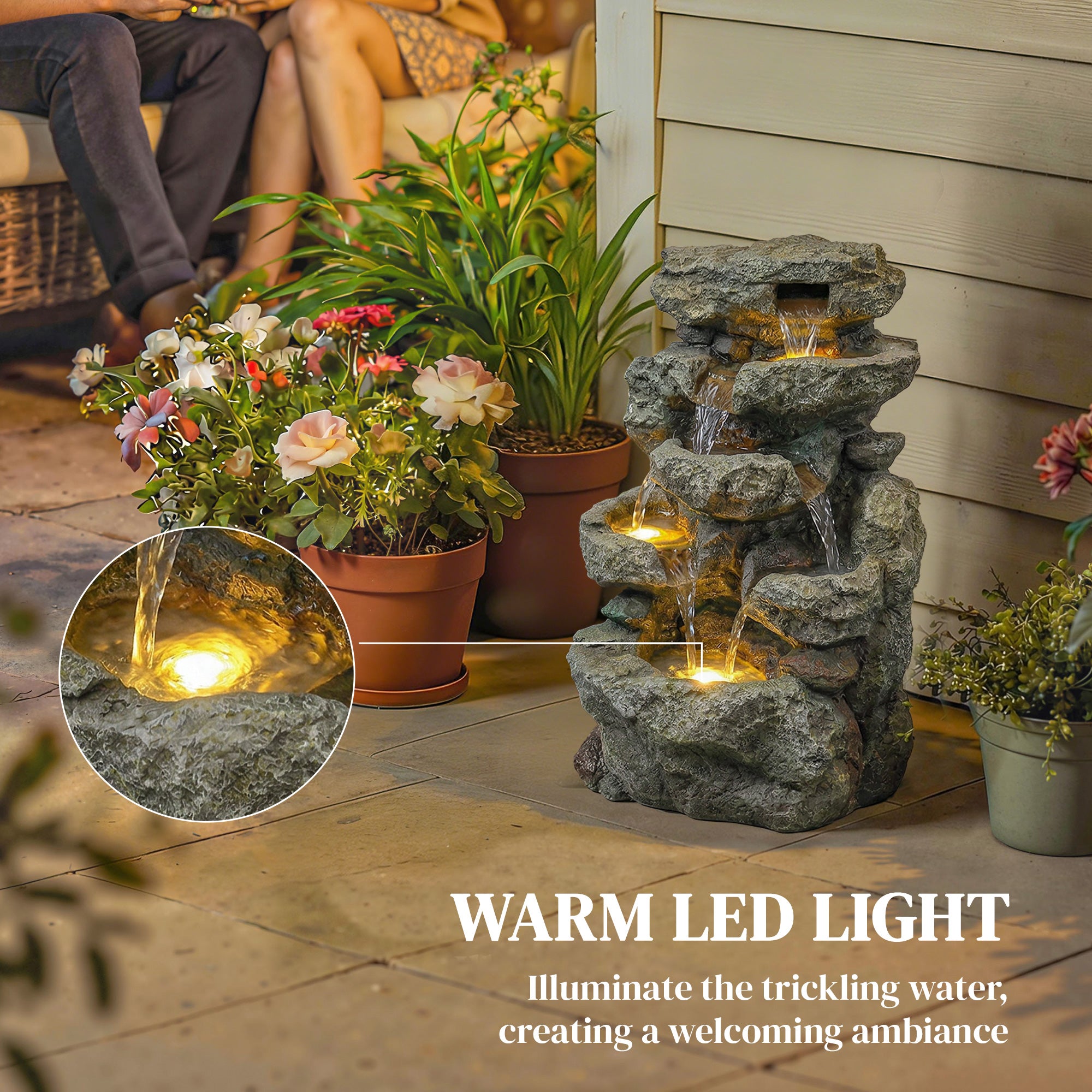 Outsunny Outdoor Fountain with 6-Tier Rock Design, Waterfall Feature with LED Lights, Resin Freestanding Garden Fountain, Grey 