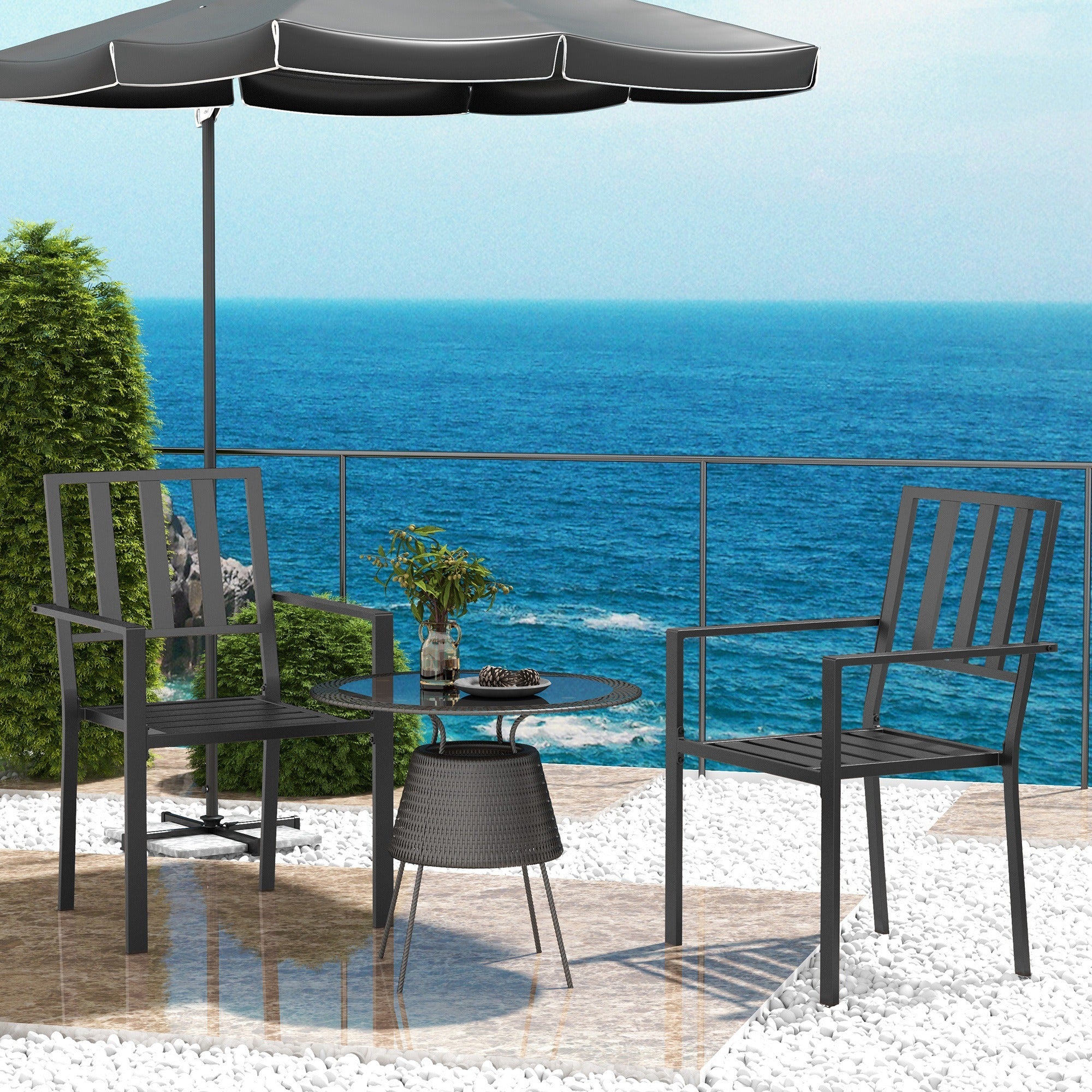 Outsunny Set of Two Minimal Metal Garden Chairs - Black 