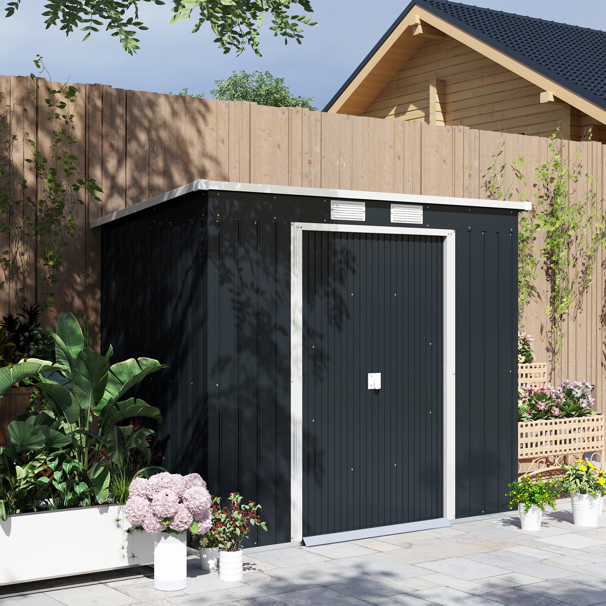 Outsunny 7 x 4ft Galvanised Steel Garden Shed, with Foundation Kit - Dark Grey