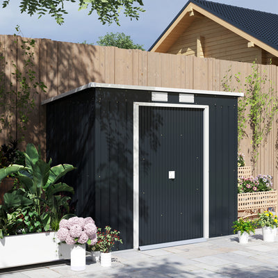 Outsunny 7 x 4ft Galvanised Steel Garden Shed, with Foundation Kit - Dark Grey 