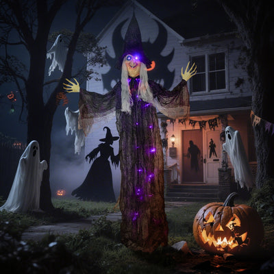 Outsunny 183 cm Life Size Halloween Animated Hanging Witch with Glowing LED Eyes & Body, Spooky Witch Scary Halloween Decorations, Battery Operated, Indoor Party Props 