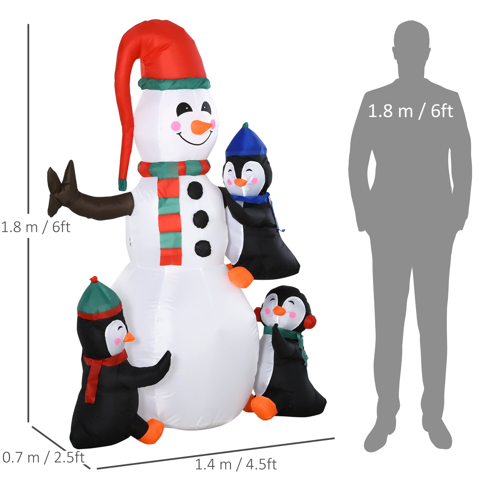 HOMCOM 6ft Inflatable Christmas Snowman with Three Penguins LED Xmas Décor Holiday Outdoor Yard Decoration 