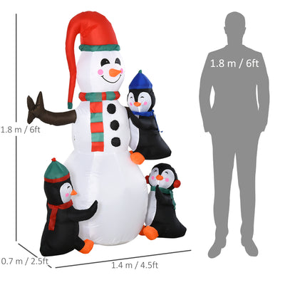 HOMCOM 6ft Inflatable Christmas Snowman with Three Penguins LED Xmas Décor Holiday Outdoor Yard Decoration 