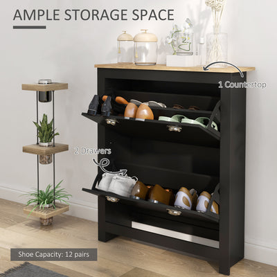HOMCOM 2 Drawer Shoe Cabinet Modern Narrow Shoe Cupboard Hallway Wooden Storage Organiser with Flip Doors Adjustable Shelf for 12 Pairs, Black 