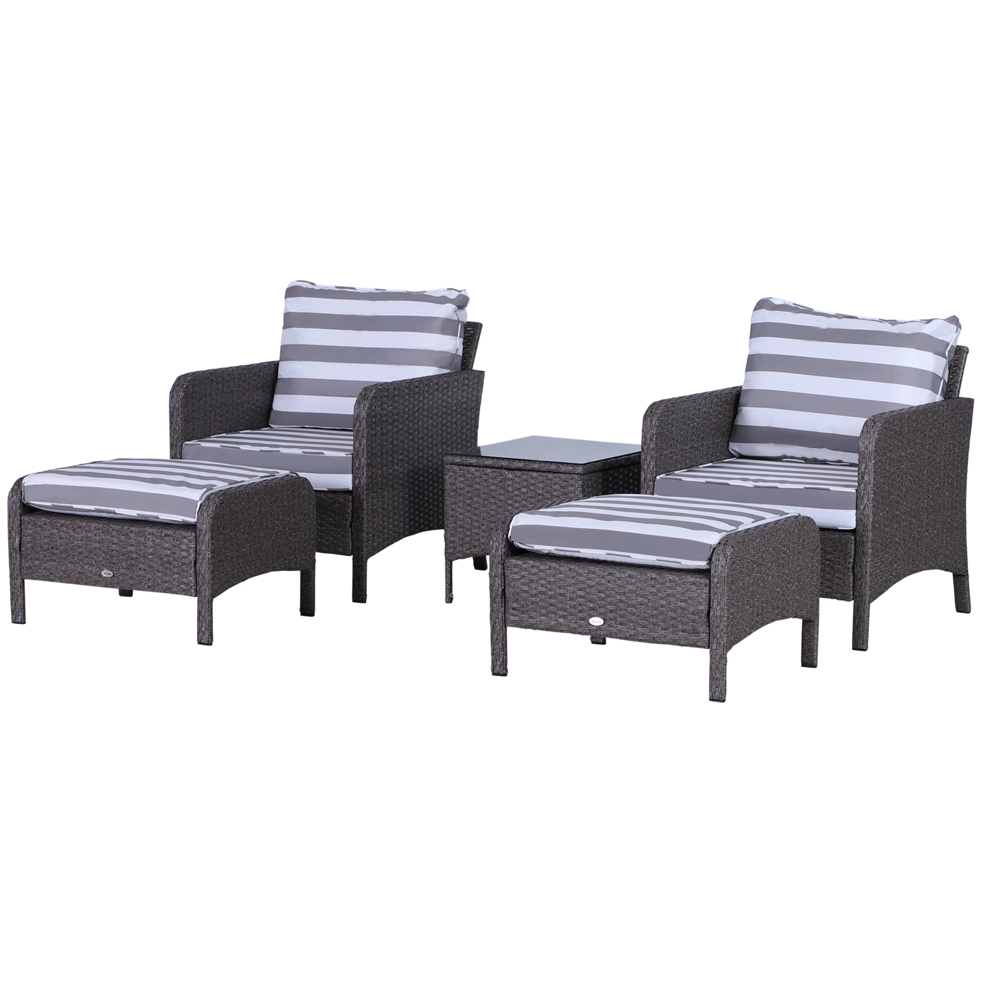 Outsunny 5 Pieces PE Rattan Garden Furniture Set with 10cm Thick Padded Cushions, Wicker Weave Outdoor Seating Chairs with 2 Armchairs, 2 Stools, Glass Top Table, Dark Grey 