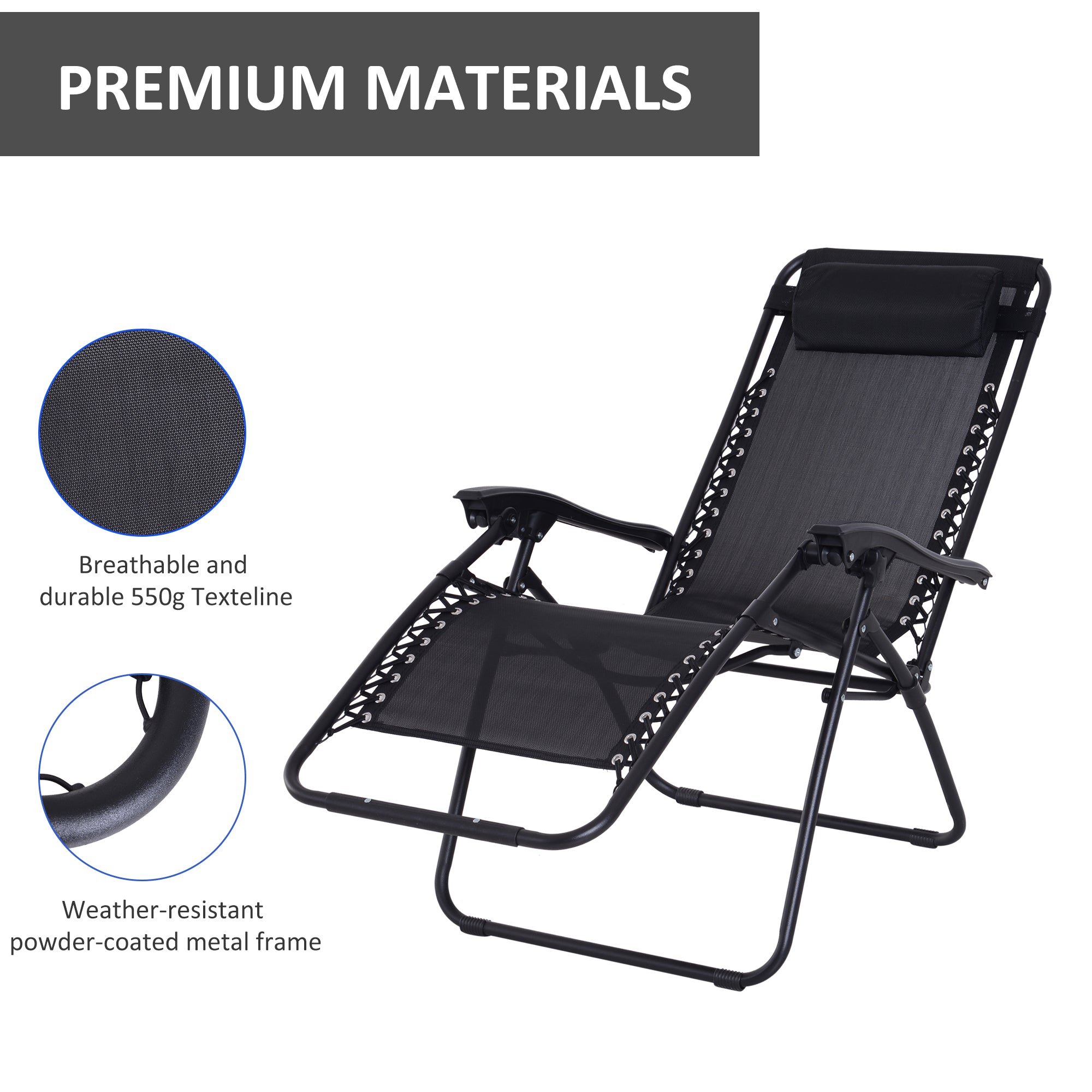 Outsunny Zero Gravity Chair Metal Frame Texteline Armchair Outdoor Folding and Reclining Sun Lounger with Head Pillow for Patio Decking Gardens Camping, Black 