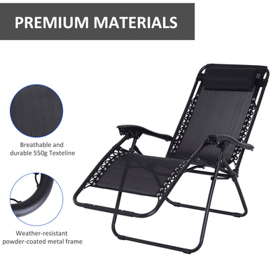 Outsunny Zero Gravity Chair Metal Frame Texteline Armchair Outdoor Folding and Reclining Sun Lounger with Head Pillow for Patio Decking Gardens Camping, Black 