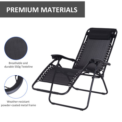 Outsunny Zero Gravity Chair Metal Frame Texteline Armchair Outdoor Folding and Reclining Sun Lounger with Head Pillow for Patio Decking Gardens Camping, Black 