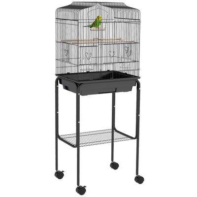 PawHut Bird Cage Budgie Cages for Finch Canary Parakeet with Stand Wheels Slide-out Tray Accessories Storage Shelf, Black 