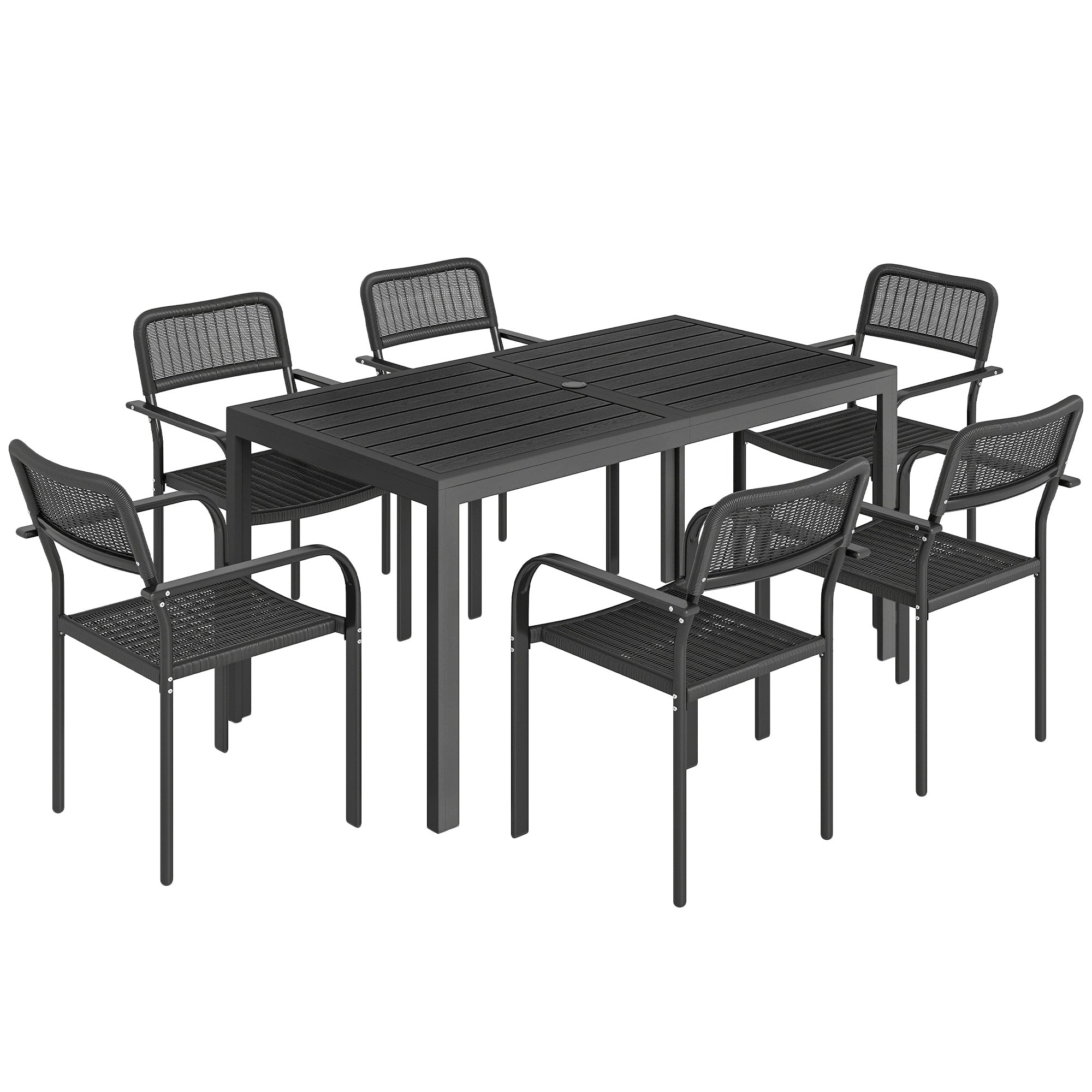 Outsunny Garden Dining Set for 6, Faux Wood Metal Outdoor Table and Stackable Chairs with Plastic Rattan Effect Seat, Black 