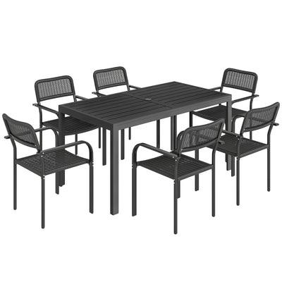 Outsunny Garden Dining Set for 6, Faux Wood Metal Outdoor Table and Stackable Chairs with Plastic Rattan Effect Seat, Black 