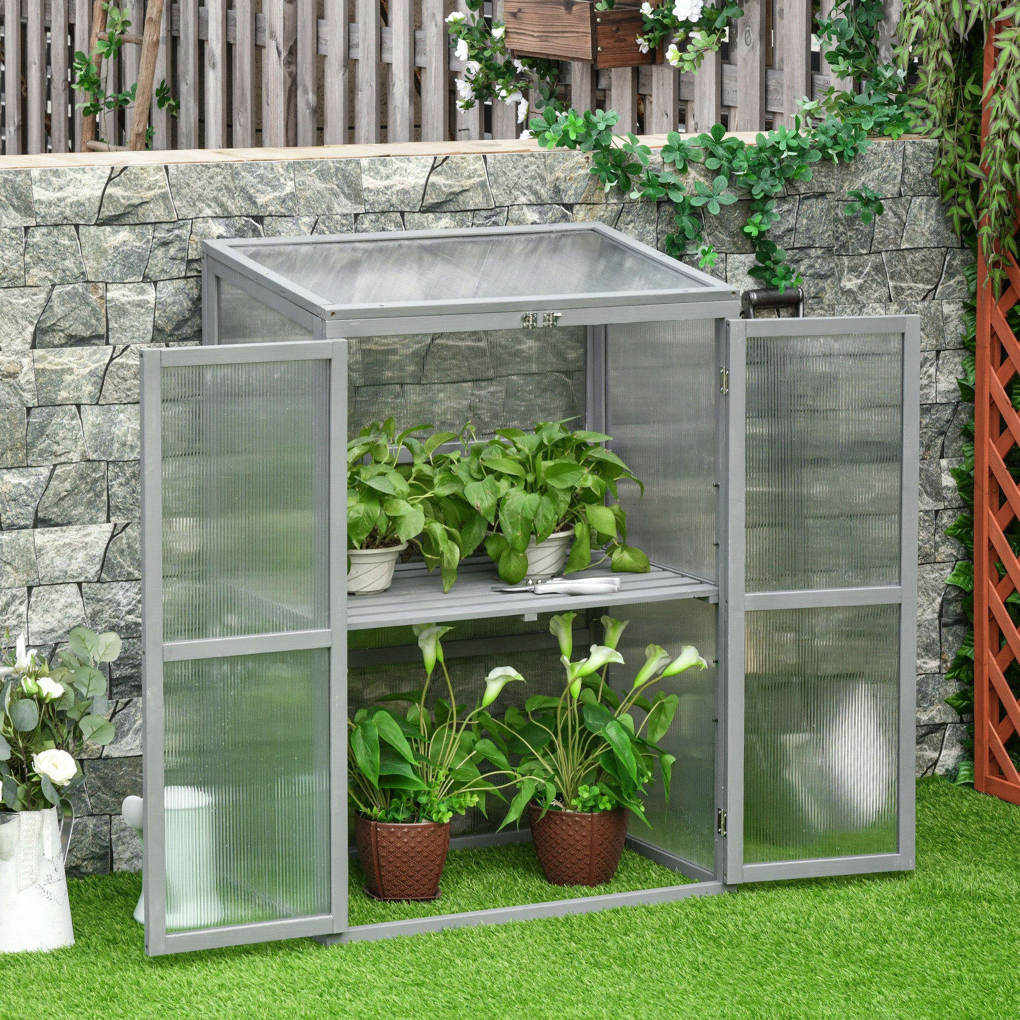Outsunny Wooden Cold Frame Greenhouse Polycarbonate Garden Grow House for Flower Vegetable Plants with Adjustable Shelf, Double Doors, 76 x 47 x 110cm, Light Grey 