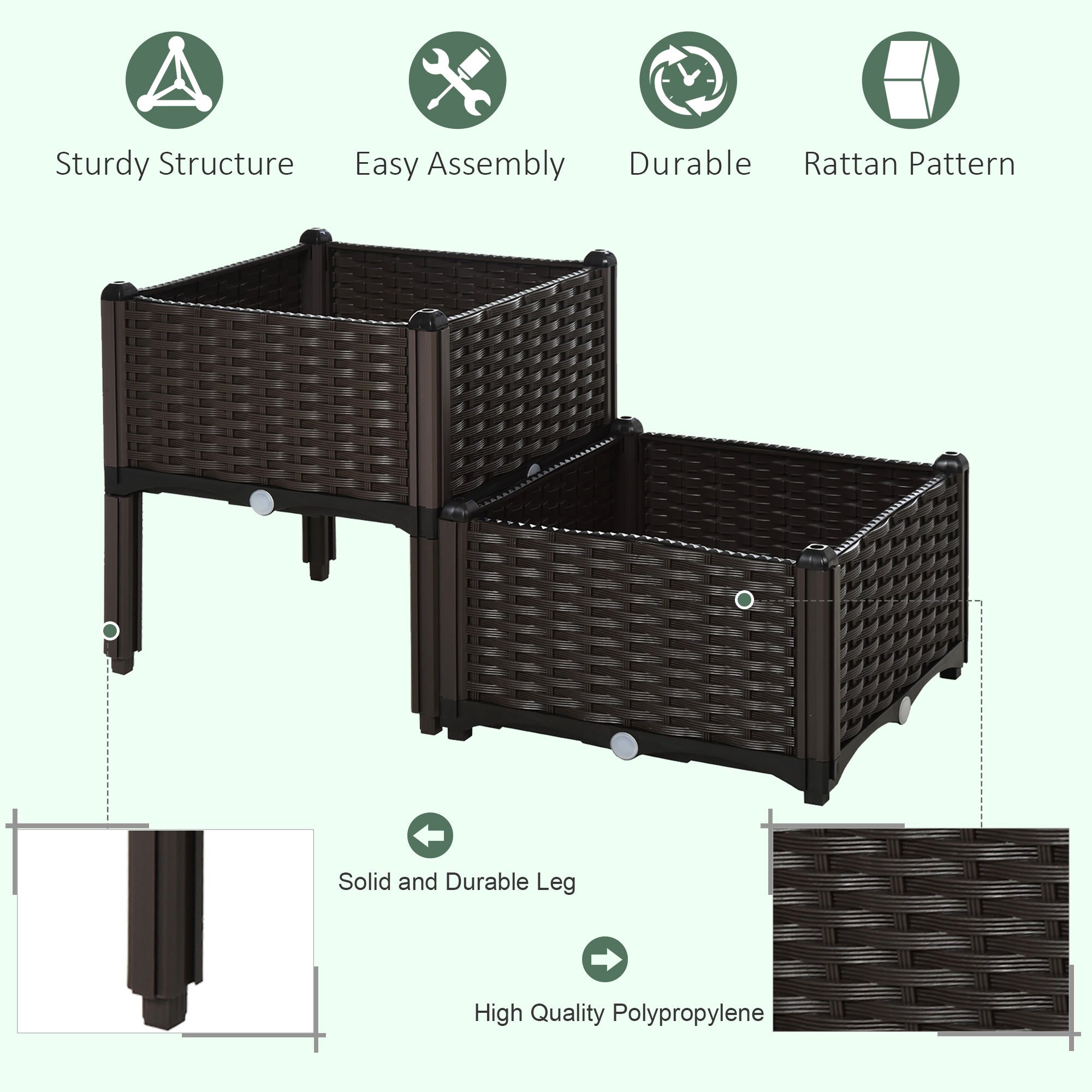 Outsunny Set of 2 26L Garden Raised Bed Elevated Patio Flower Plant Planter Box PP Vegetables Planting Container, Brown 
