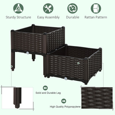 Outsunny Set of 2 26L Garden Raised Bed Elevated Patio Flower Plant Planter Box PP Vegetables Planting Container, Brown 
