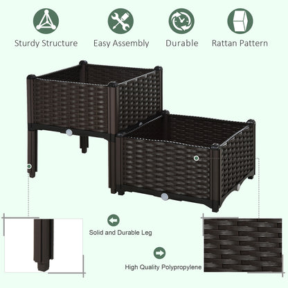 Outsunny Set of 2 26L Garden Raised Bed Elevated Patio Flower Plant Planter Box PP Vegetables Planting Container, Brown 