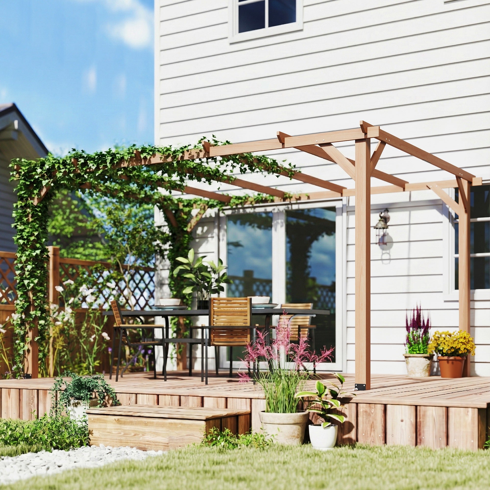Outsunny 4 x 3 m Wooden Pergola Kit, Garden Pergola Gazebo Grape Trellis with Triangle Supports, 6 Beams, Maple Wood-effect 