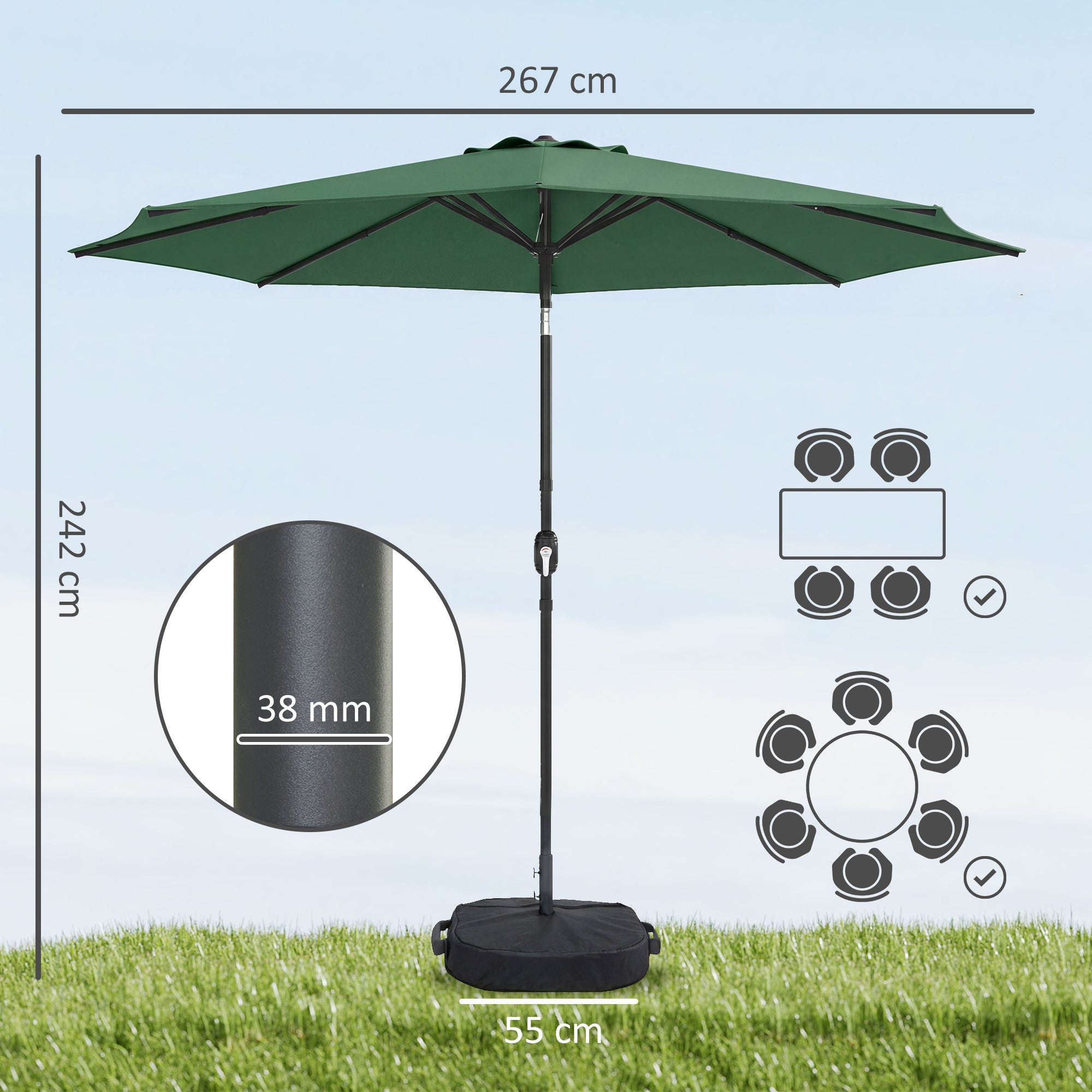 Outsunny 2.7 m Garden Parasol Umbrella with Cross Base and Sandbag, Retractable Ribs, Outdoor Table Market Umbrella, Green 