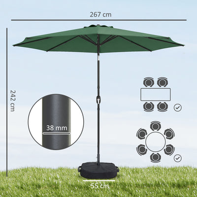 Outsunny 2.7 m Garden Parasol Umbrella with Cross Base and Sandbag, Retractable Ribs, Outdoor Table Market Umbrella, Green 