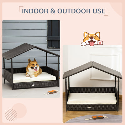 PawHut Wicker Dog House, Rattan Pet Bed, with Removable Cushion, Canopy, for Small and Medium Dogs - Cream 