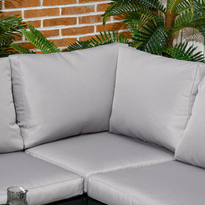 Outsunny 4 Piece Metal Garden Furniture Set with Tempered Glass Coffee Table, Breathable Mesh Pocket, Outdoor Conversational Corner Sofa Loveseat with Padded Cushions, Light Grey 
