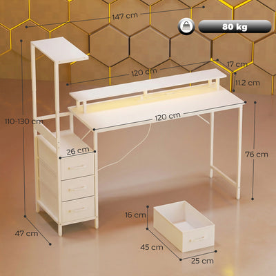 HOMCOM 147cm Gaming Desk with Charging Station and Monitor Stand, Computer Table for Home Office with RGB Lights, White 