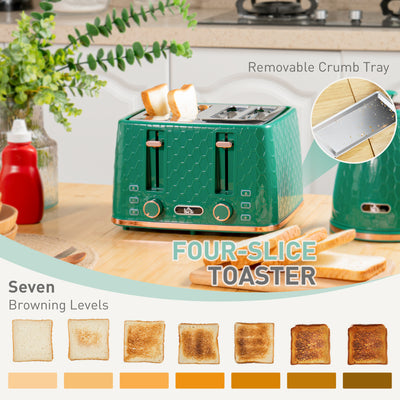 HOMCOM Kettle and Toaster Set, 1.7L 3000W Fast Boil Jug Kettle with Auto Shut Off, 4 Slice Toaster with 7 Level Browning Controls & Crumb Tray, Green 