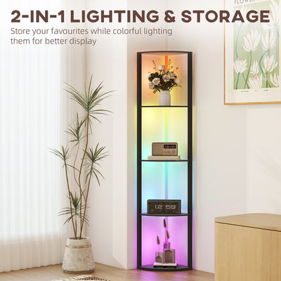 HOMCOM RGB LED Floor Lamp with Shelves, 5-Tier Dimmable Standing Lamp with Adjustable Brightness and Remote Control, Modern Corner Display Shelf Unit for Living Room Bedroom Office, Black 