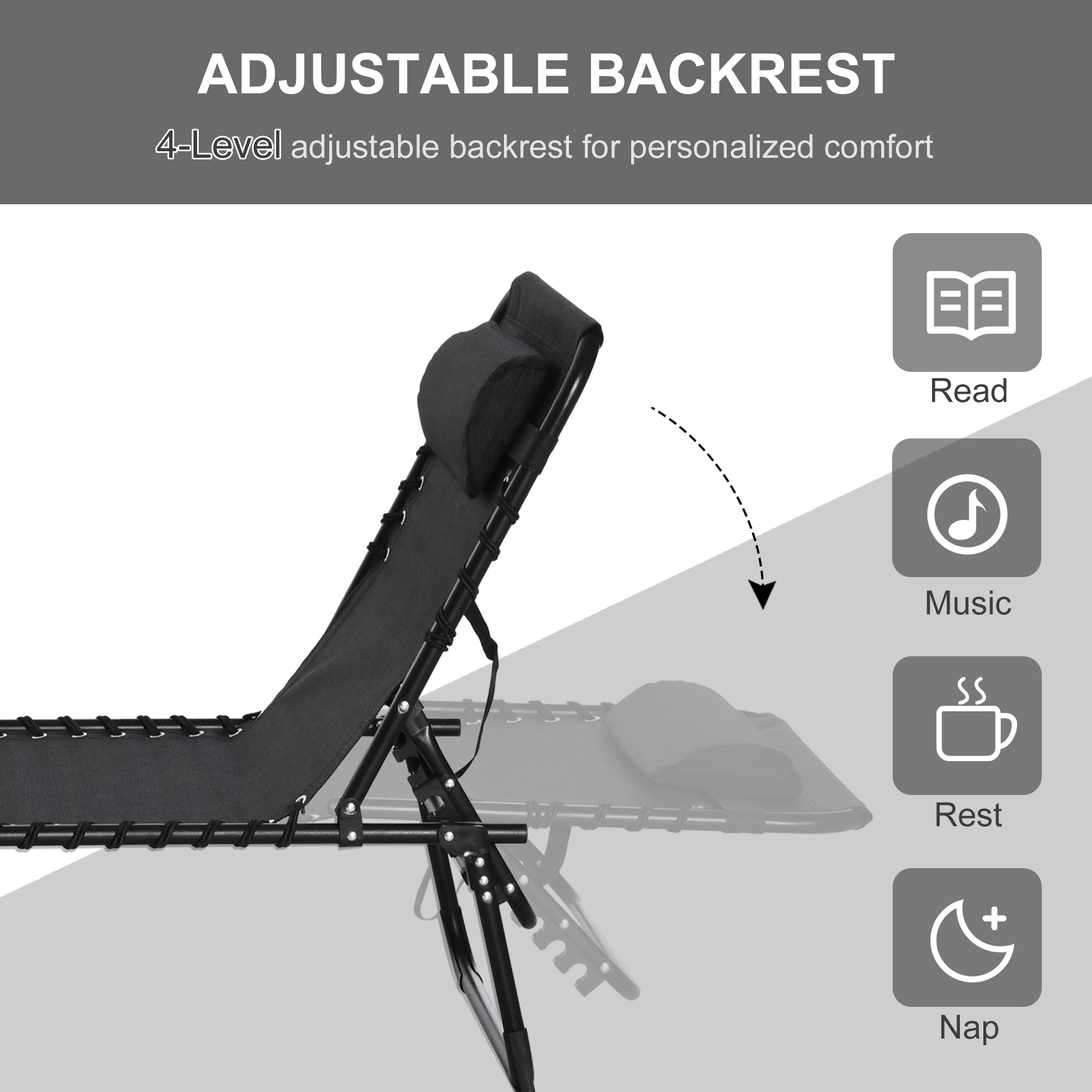 Outsunny Foldable Sun Lounger, Outdoor 4 Level Adjustable Backrest Reclining Chaise Chair, Steel Frame Recliner Chair for Camping, Hiking, Black 