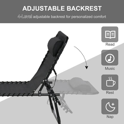 Outsunny Foldable Sun Lounger, Outdoor 4 Level Adjustable Backrest Reclining Chaise Chair, Steel Frame Recliner Chair for Camping, Hiking, Black 