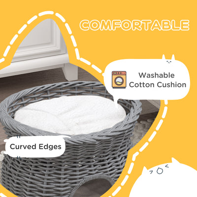 PawHut 2-Tier Wicker Cat House Elevated Pet Bed Basket Willow Kitten Tower Pet Den. with Washable Cushions 56x37x40cm Grey 