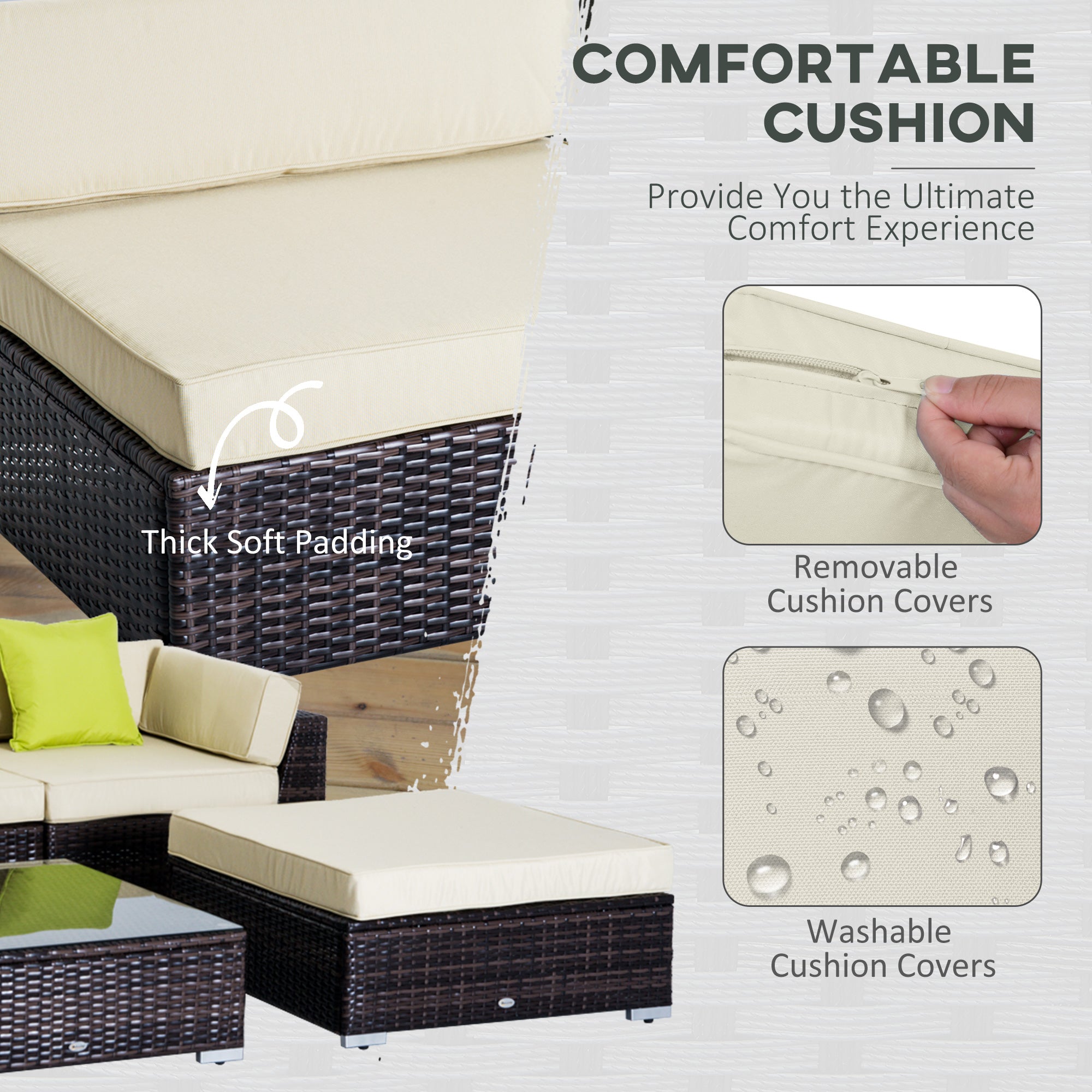 Outsunny 6 PC Rattan Sofa Coffee Table Set Sectional Wicker Weave Furniture for Garden Outdoor Conservatory w/ Pillow Cushion Brown 